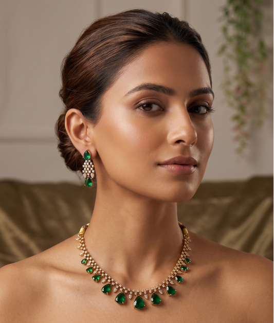Emerald Green Pear-Cut AD Stone Necklace Set with Matching Earrings