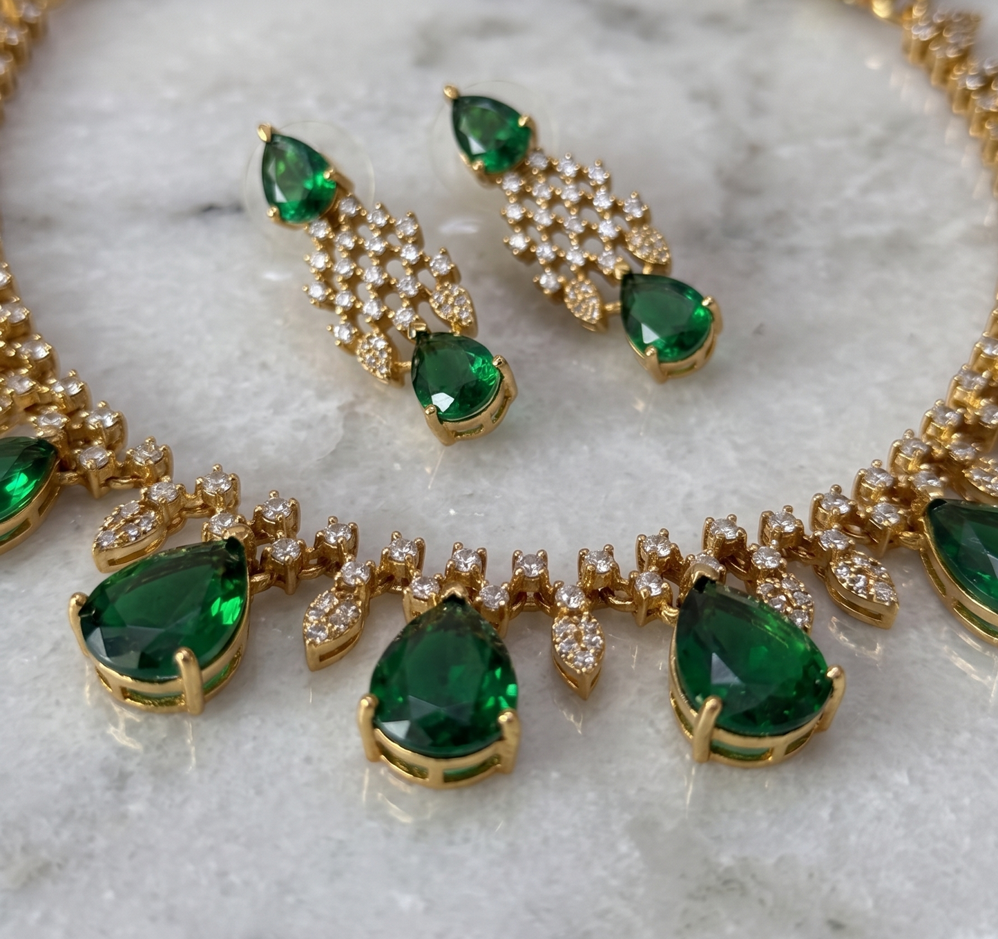 Emerald Green Pear-Cut AD Stone Necklace Set with Matching Earrings