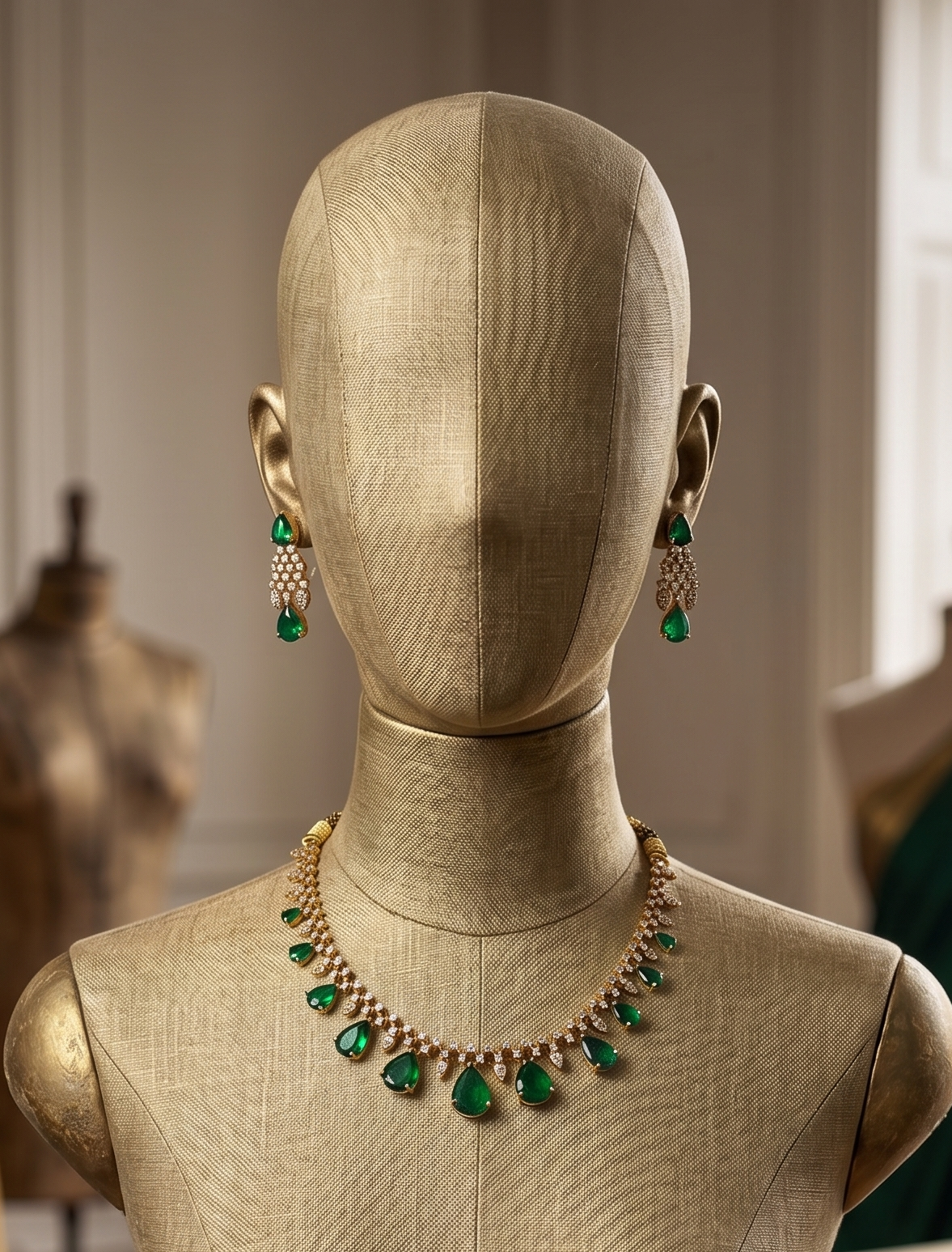 Emerald Green Pear-Cut AD Stone Necklace Set with Matching Earrings
