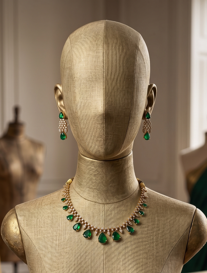 Emerald Green Pear-Cut AD Stone Necklace Set with Matching Earrings