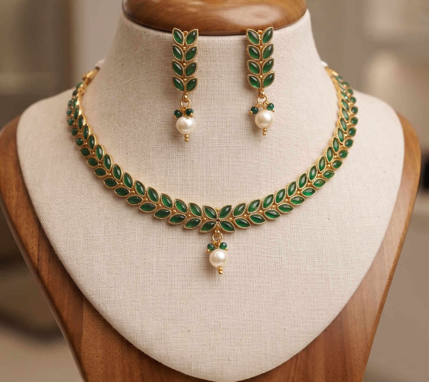 Royal Green Leaf Motif Brass Necklace Set with Pearl Drop and Matching Earrings