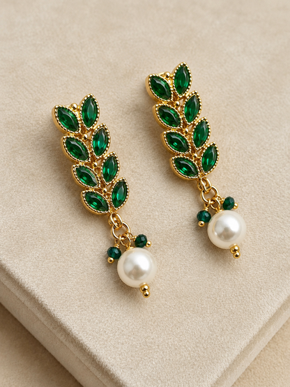 Royal Green Leaf Motif Brass Necklace Set with Pearl Drop and Matching Earrings