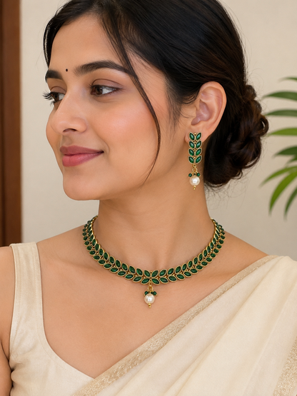 Royal Green Leaf Motif Brass Necklace Set with Pearl Drop and Matching Earrings