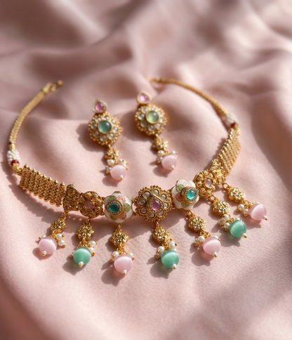 Pastel Floral Kundan Choker Set with Pink & Green Drops