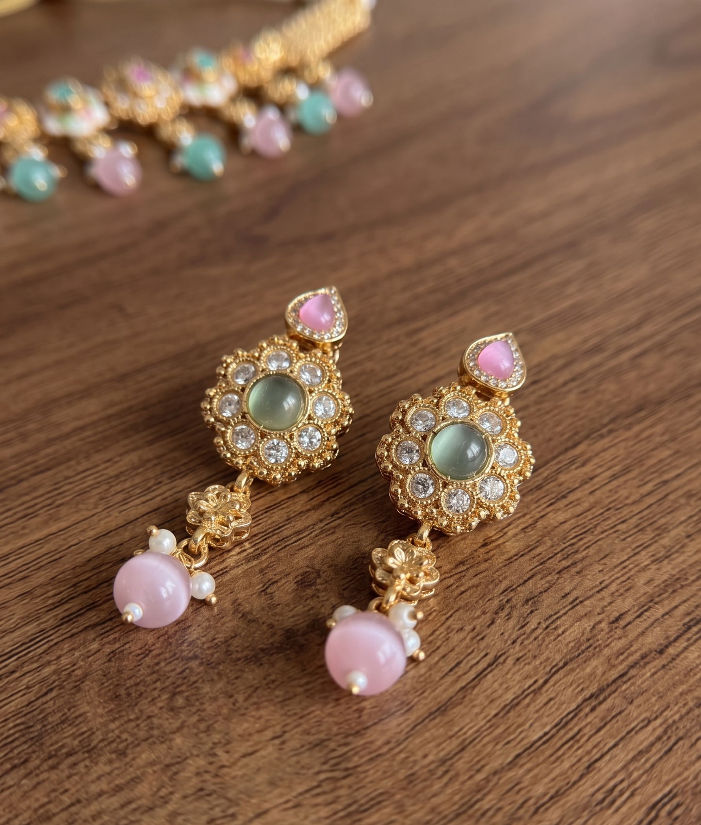 Pastel Floral Kundan Choker Set with Pink & Green Drops