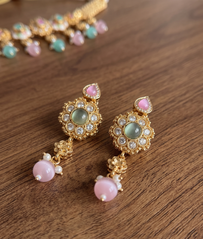 Pastel Floral Kundan Choker Set with Pink & Green Drops
