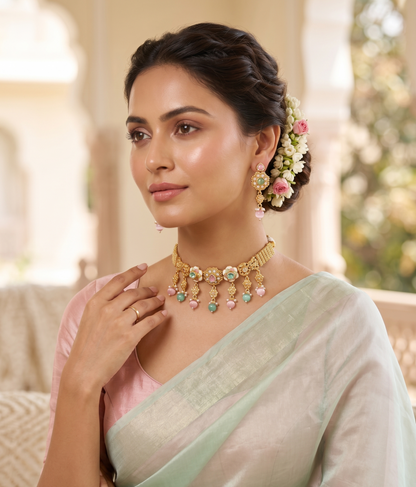 Pastel Floral Kundan Choker Set with Pink & Green Drops