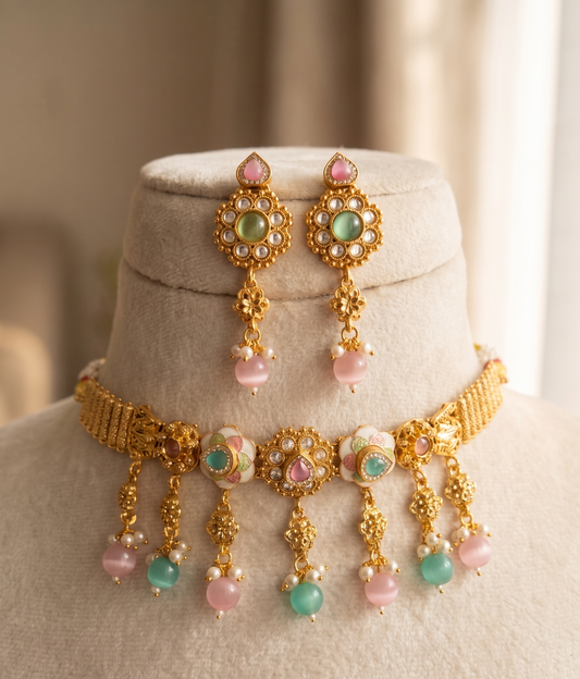 Pastel Floral Kundan Choker Set with Pink & Green Drops