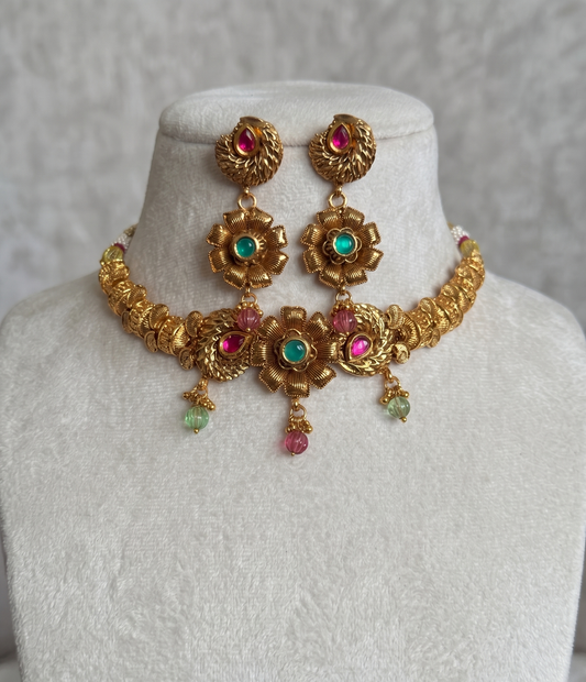Antique Gold Floral Choker & Earring Set with Pink and Green Stones