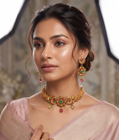 Antique Gold Floral Choker & Earring Set with Pink and Green Stones