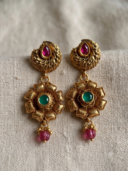 Antique Gold Floral Choker & Earring Set with Pink and Green Stones