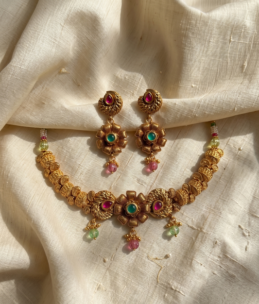 Antique Gold Floral Choker & Earring Set with Pink and Green Stones