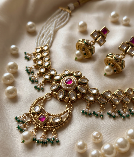 Royal Kundan & Ruby Pink Pearl Choker Set with Jhumki Earrings | Ratna Riwaz