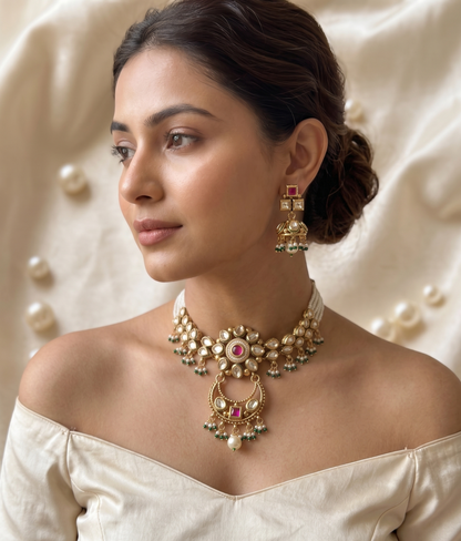 Royal Kundan & Ruby Pink Pearl Choker Set with Jhumki Earrings | Ratna Riwaz