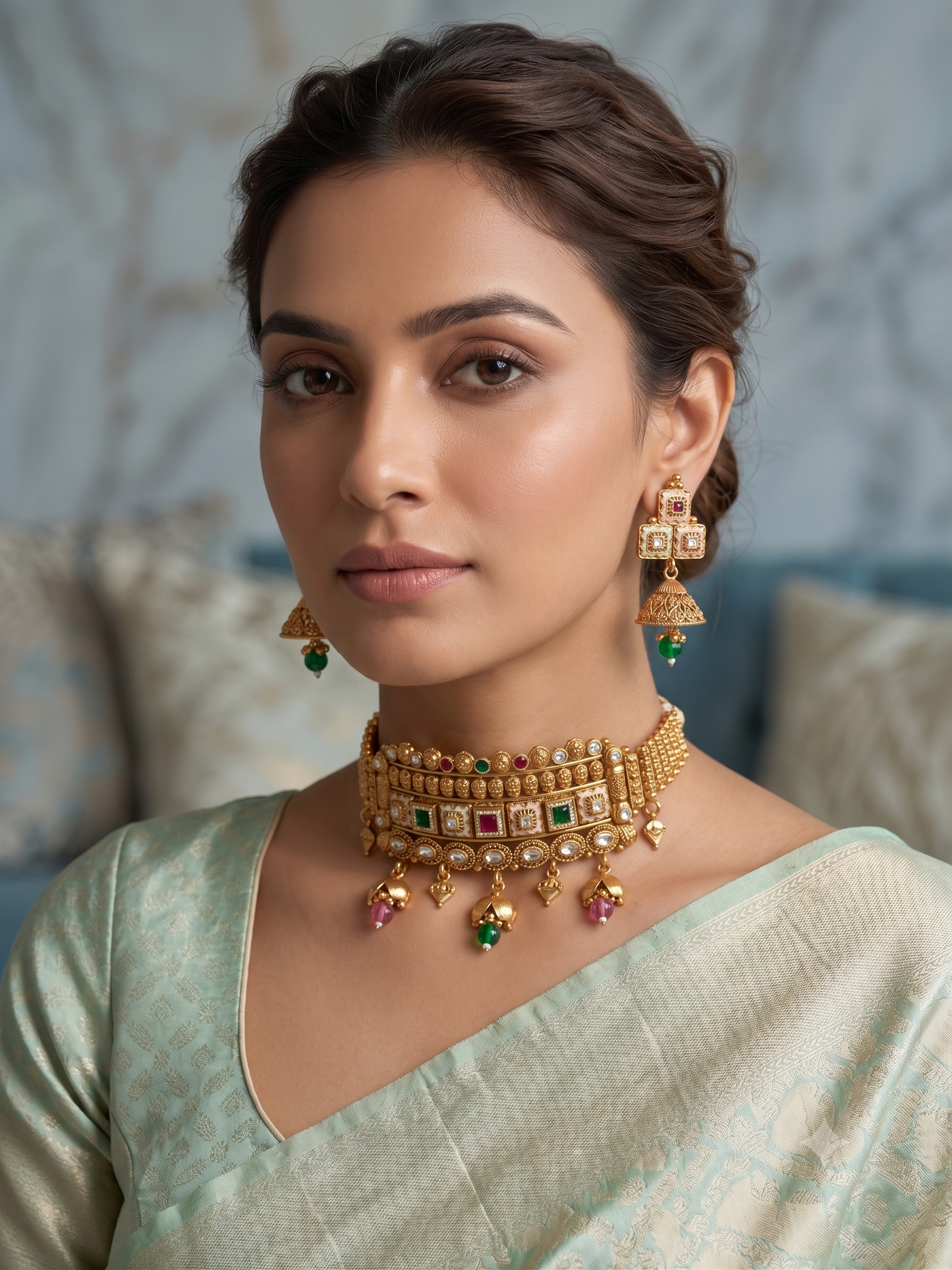 Royal Meenakari & Kundan Brass Choker Set with Matching Jhumkis
