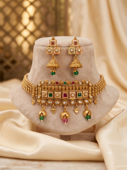 Royal Meenakari & Kundan Brass Choker Set with Matching Jhumkis