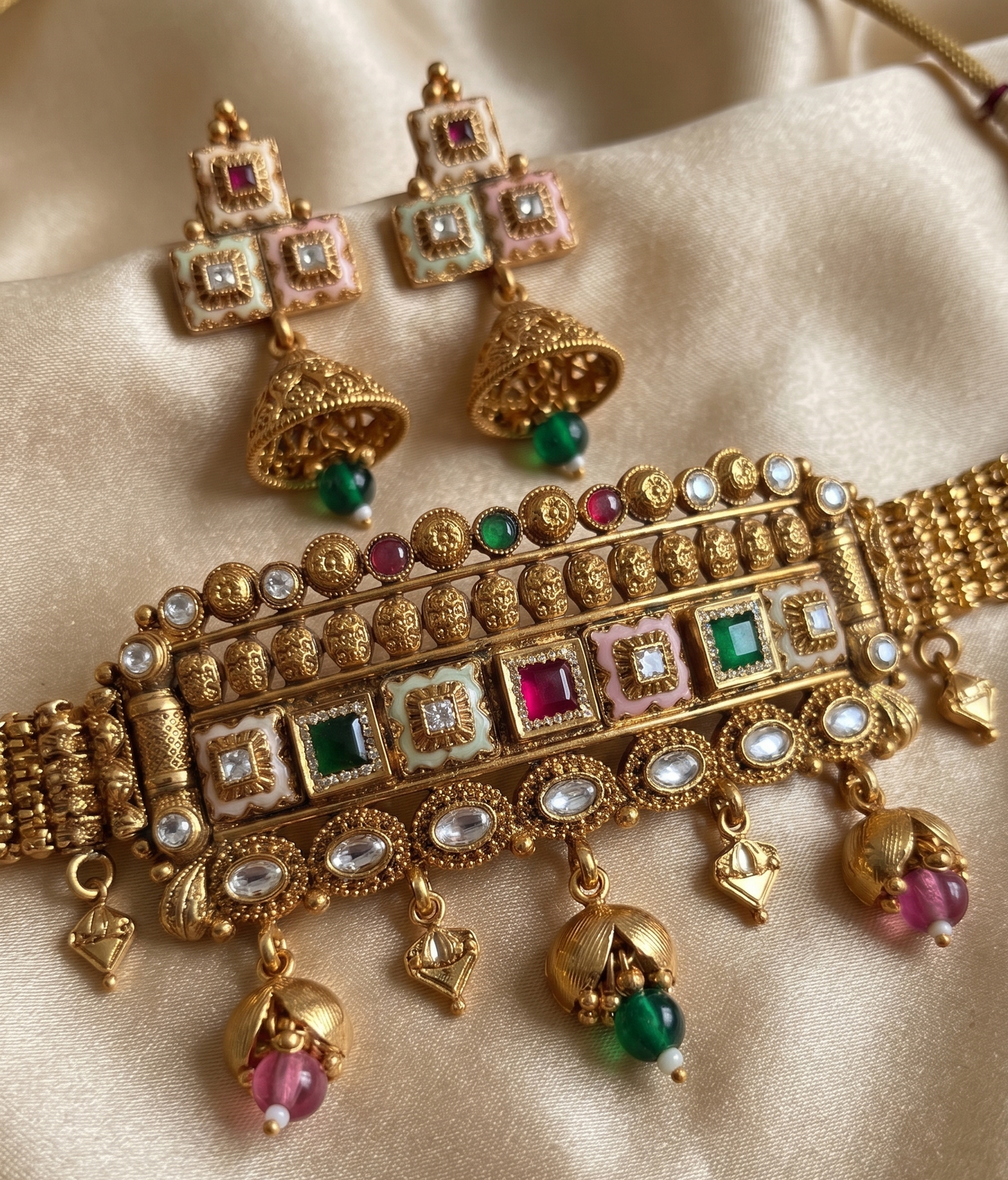 Royal Meenakari & Kundan Brass Choker Set with Matching Jhumkis