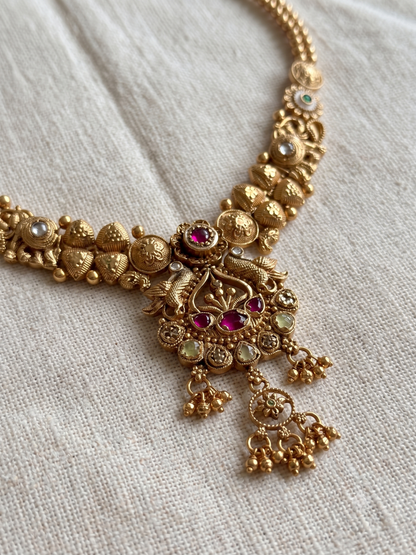 Ratna Riwaz Heritage Brass Necklace Set with Ruby & Emerald Accents
