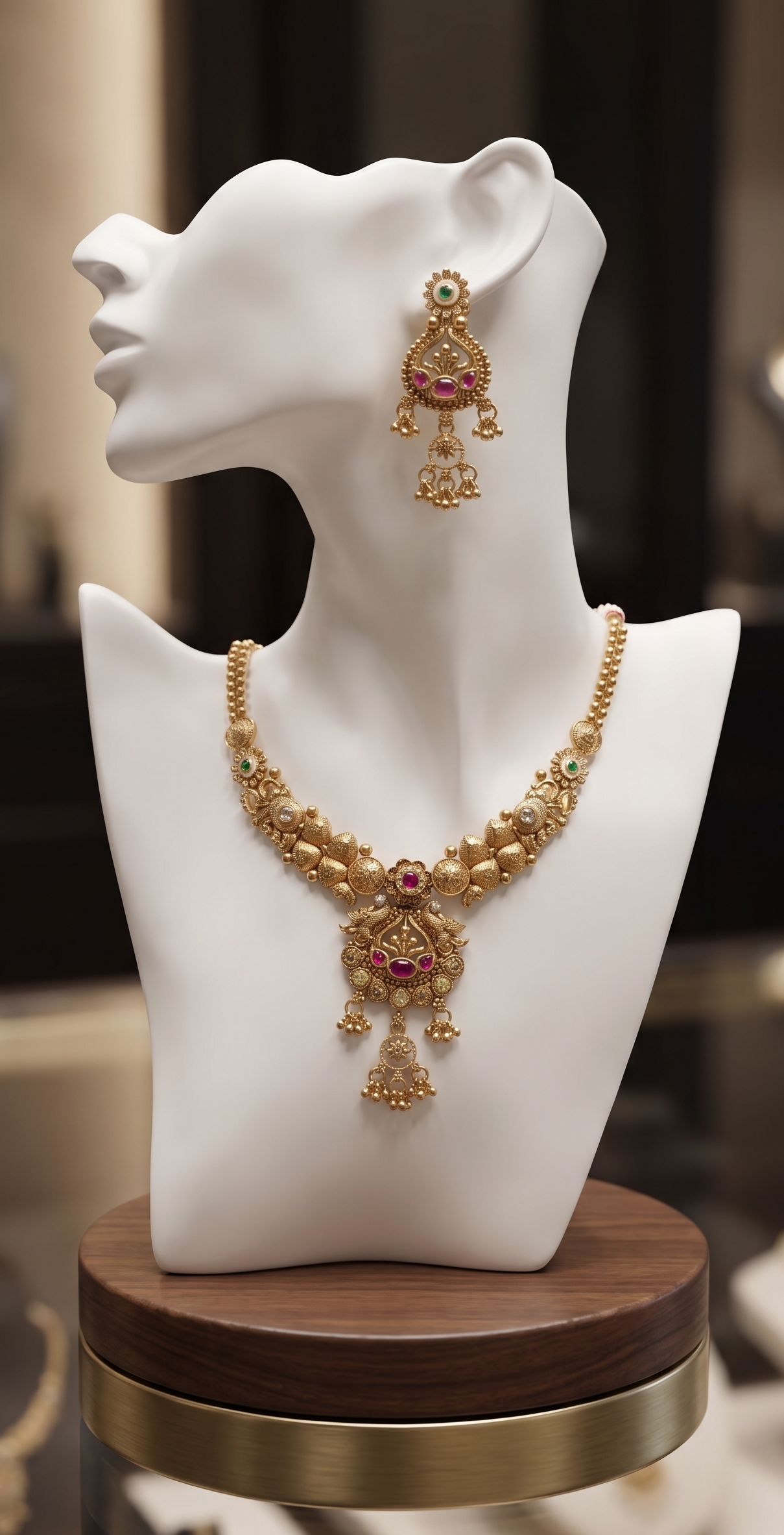 Ratna Riwaz Heritage Brass Necklace Set with Ruby & Emerald Accents