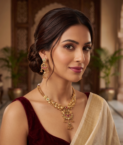 Ratna Riwaz Heritage Brass Necklace Set with Ruby & Emerald Accents