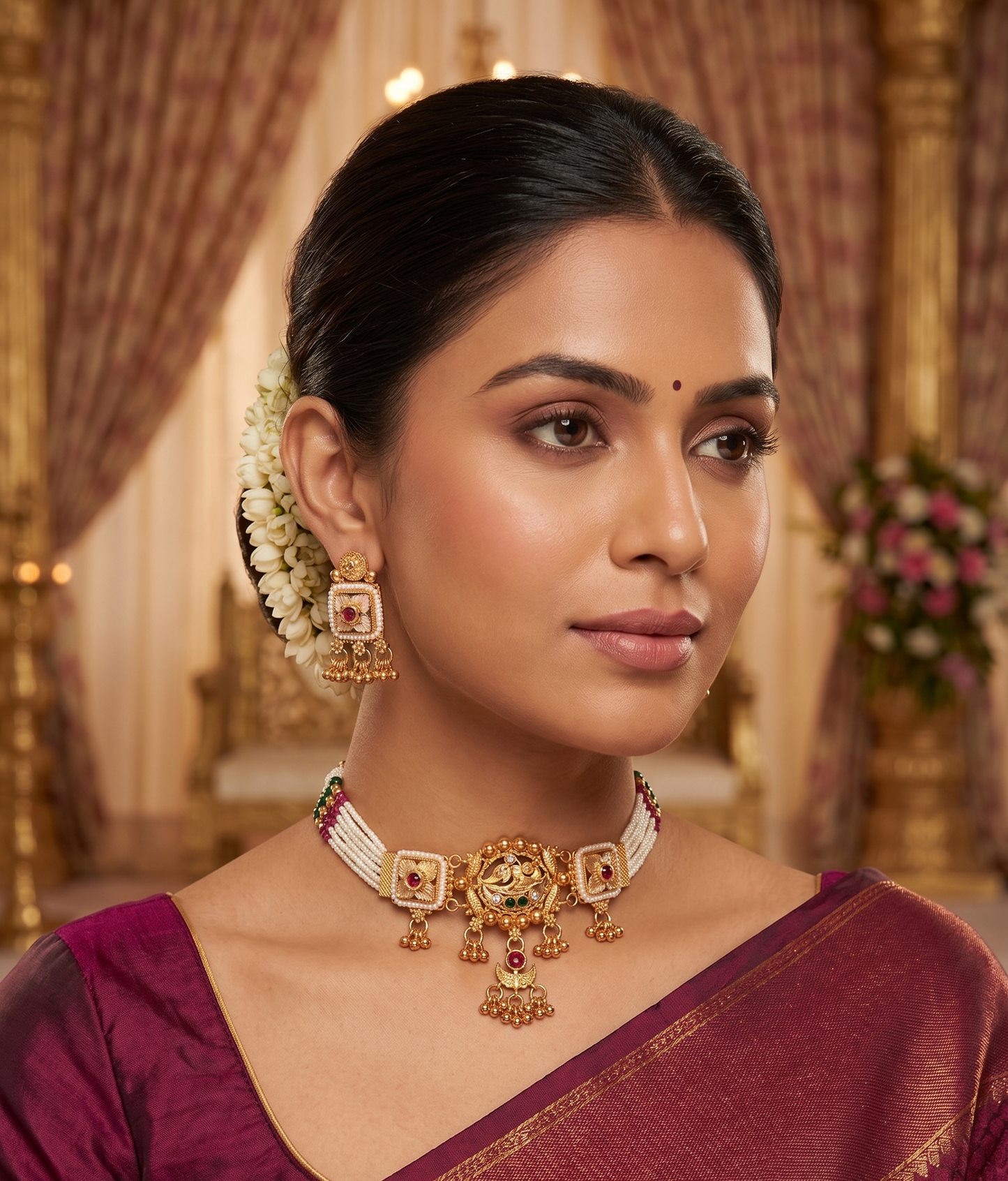 Traditional Antique Gold-Toned Pearl Choker Set with Intricate Carving
