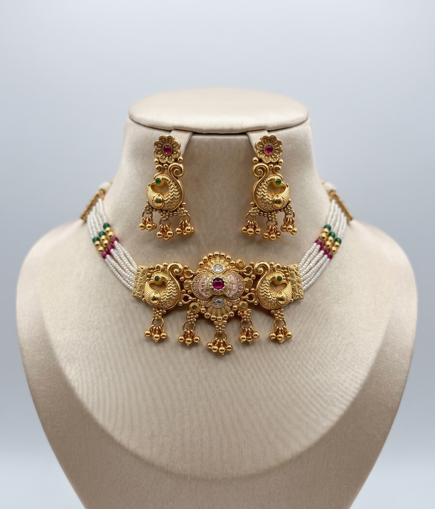 Antique Gold Peacock Motif Pearl Choker Set | Ratna Riwaz