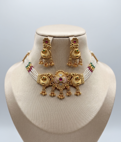 Antique Gold Peacock Motif Pearl Choker Set | Ratna Riwaz