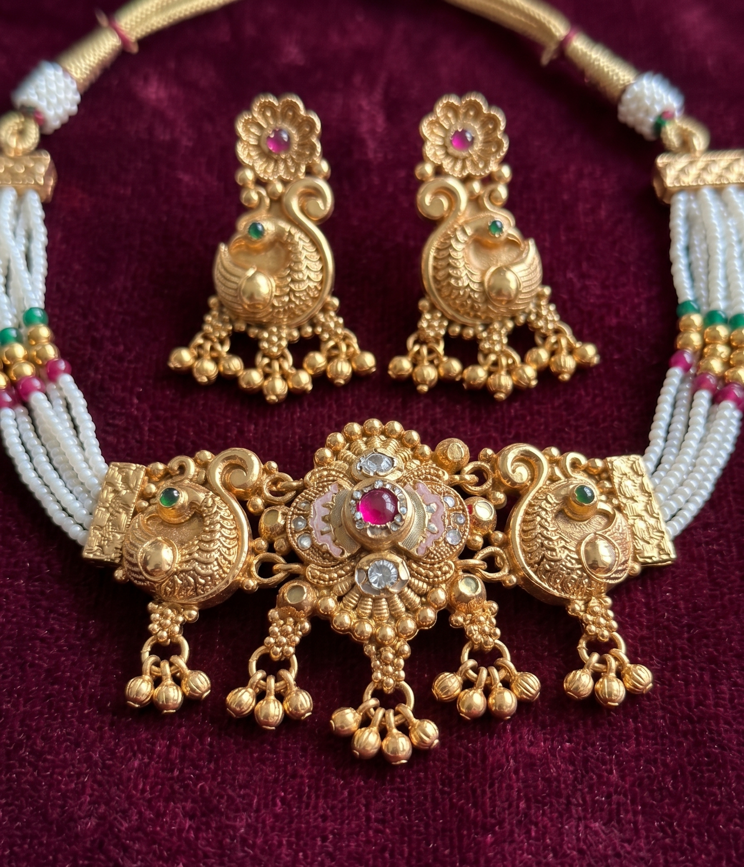 Antique Gold Peacock Motif Pearl Choker Set | Ratna Riwaz