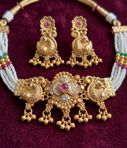 Antique Gold Peacock Motif Pearl Choker Set | Ratna Riwaz