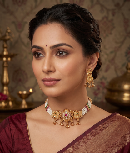 Antique Gold Peacock Motif Pearl Choker Set | Ratna Riwaz