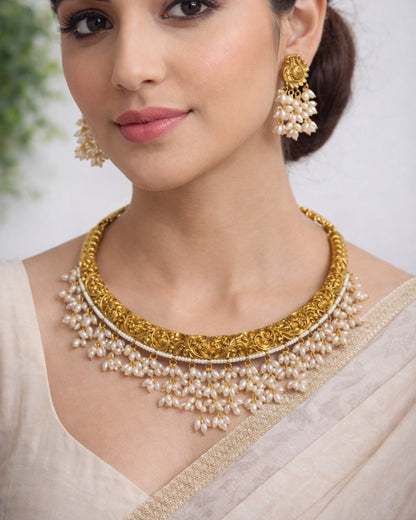 Antique Gold-Plated Floral Carved Hasli Necklace Set with Seed Pearl Droplets