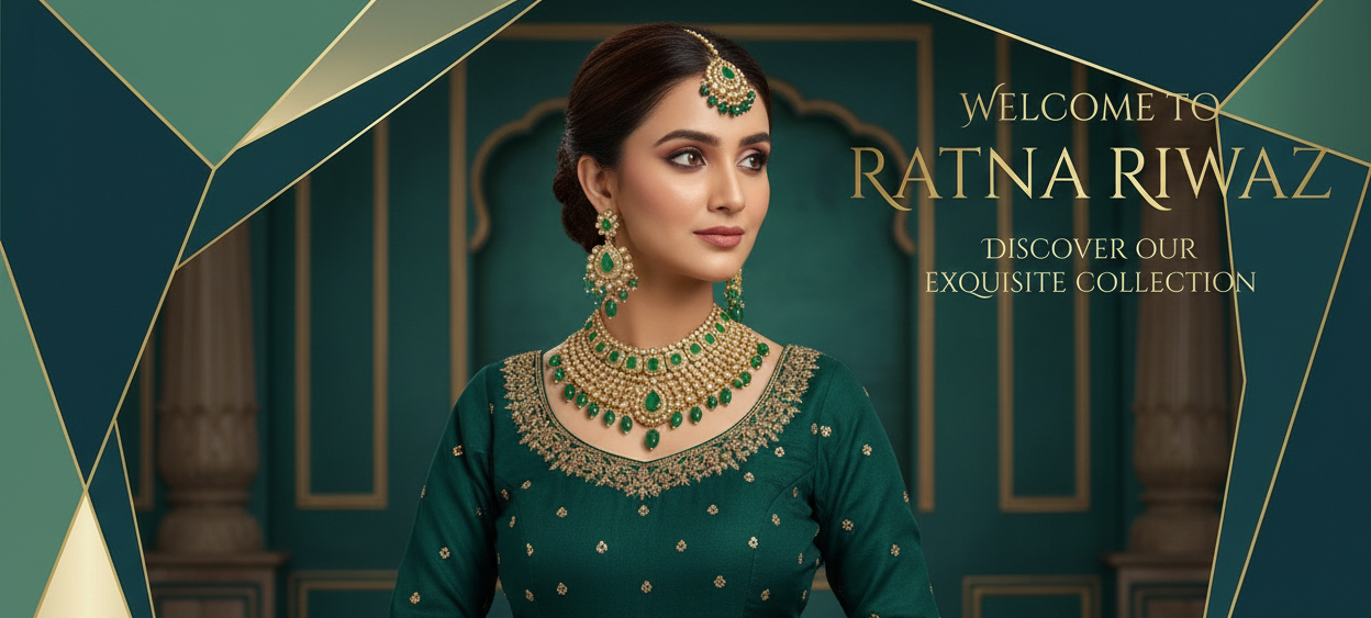 Jewelry set with green gemstones on a mannequin against a geometric patterned background, featuring the brand 'Ratna Riwaz'.