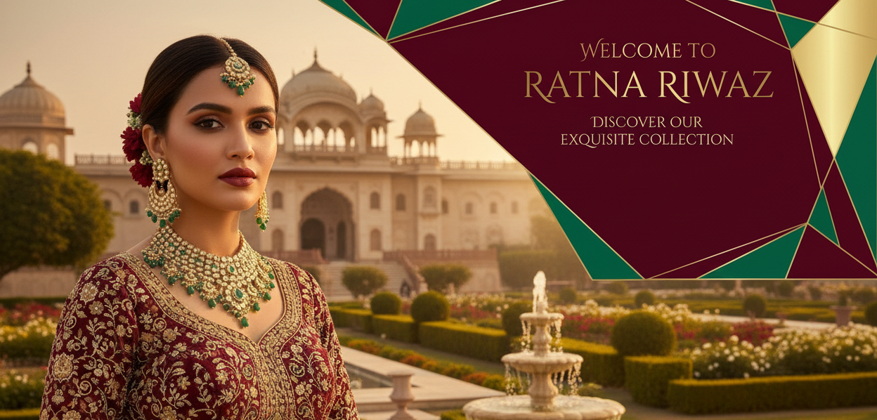 Jewelry set on a mannequin with 'Ratna Riwaz' branding on a geometric patterned background