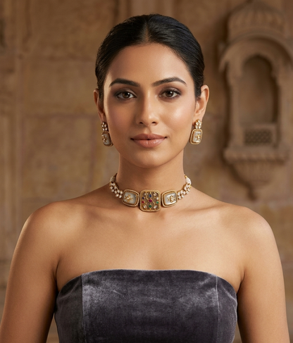 Royal Kundan Square Motif Choker Set with Matching Earrings