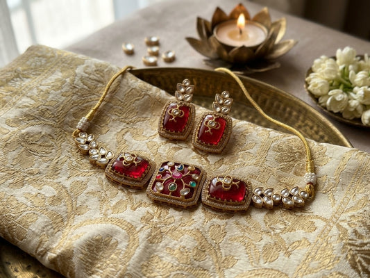 Royal Kundan Square Motif Choker Set with Matching Earrings