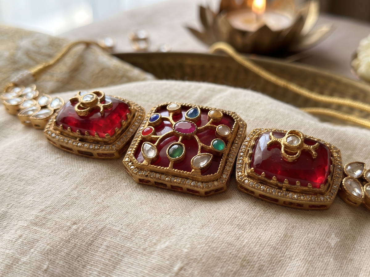 Royal Kundan Square Motif Choker Set with Matching Earrings