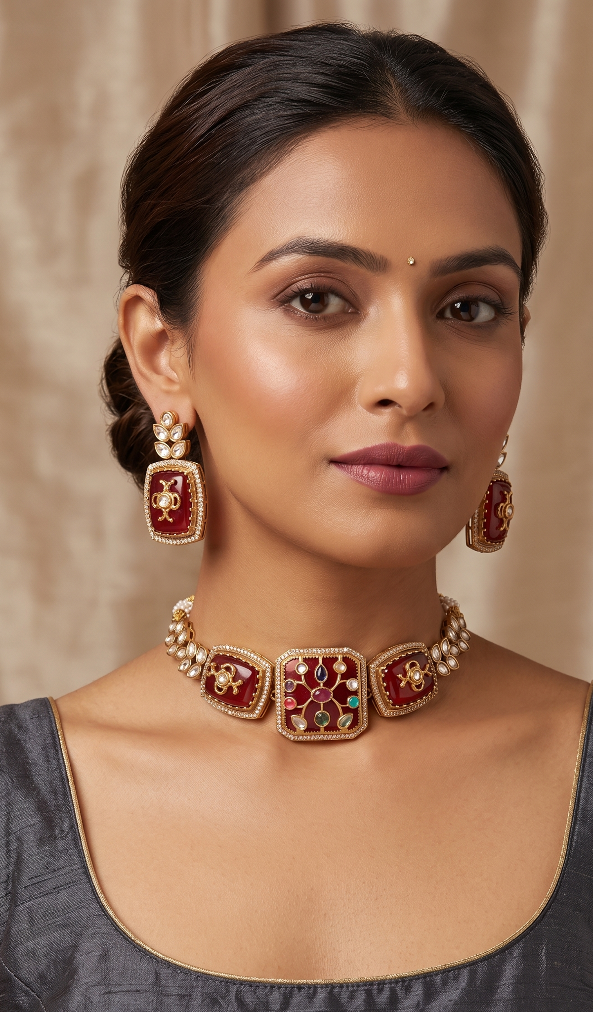 Royal Kundan Square Motif Choker Set with Matching Earrings