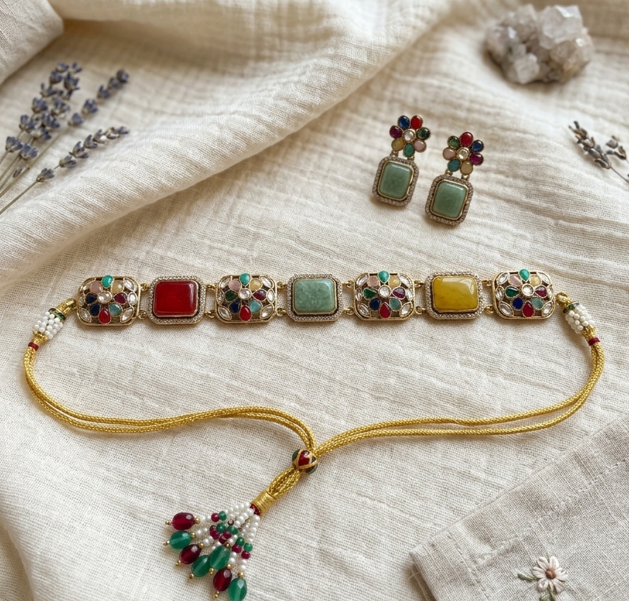 Multi-Color Floral Kundan & Brass Choker Set with Drop Earrings