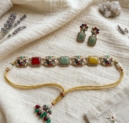 Multi-Color Floral Kundan & Brass Choker Set with Drop Earrings