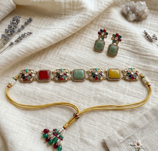 Multi-Color Floral Kundan & Brass Choker Set with Drop Earrings
