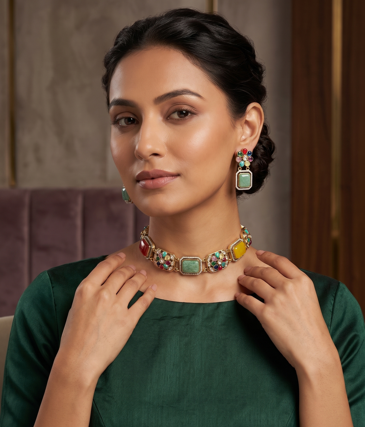 Multi-Color Floral Kundan & Brass Choker Set with Drop Earrings