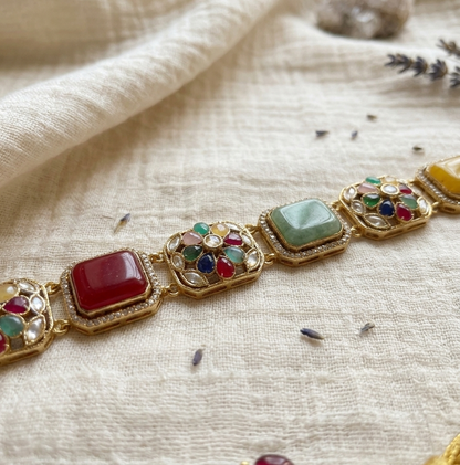 Multi-Color Floral Kundan & Brass Choker Set with Drop Earrings