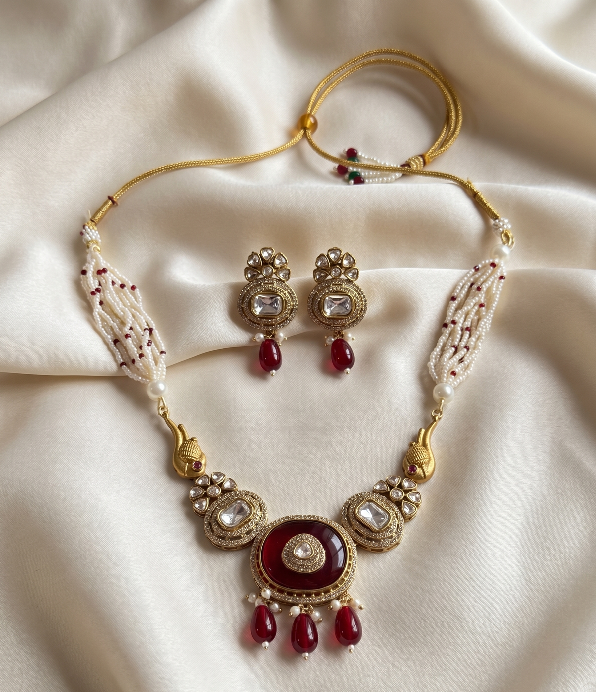 Royal Kundan & Pearl Motif Necklace Set with Drop Earrings (Available in Red & Green)