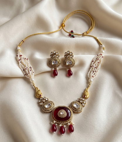 Royal Kundan & Pearl Motif Necklace Set with Drop Earrings (Available in Red & Green)