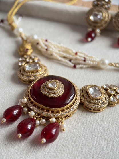 Royal Kundan & Pearl Motif Necklace Set with Drop Earrings (Available in Red & Green)
