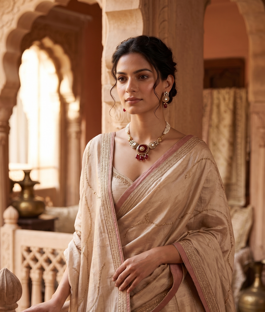 Royal Kundan & Pearl Motif Necklace Set with Drop Earrings (Available in Red & Green)