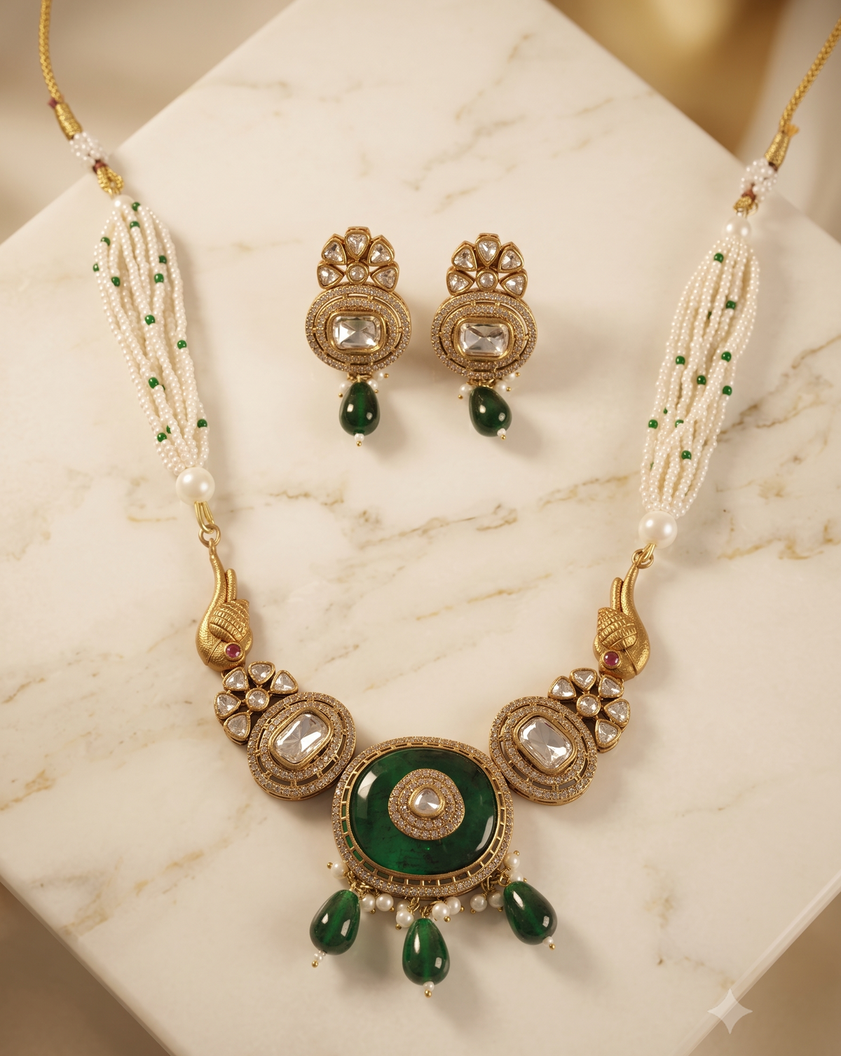 Royal Kundan & Pearl Motif Necklace Set with Drop Earrings (Available in Red & Green)