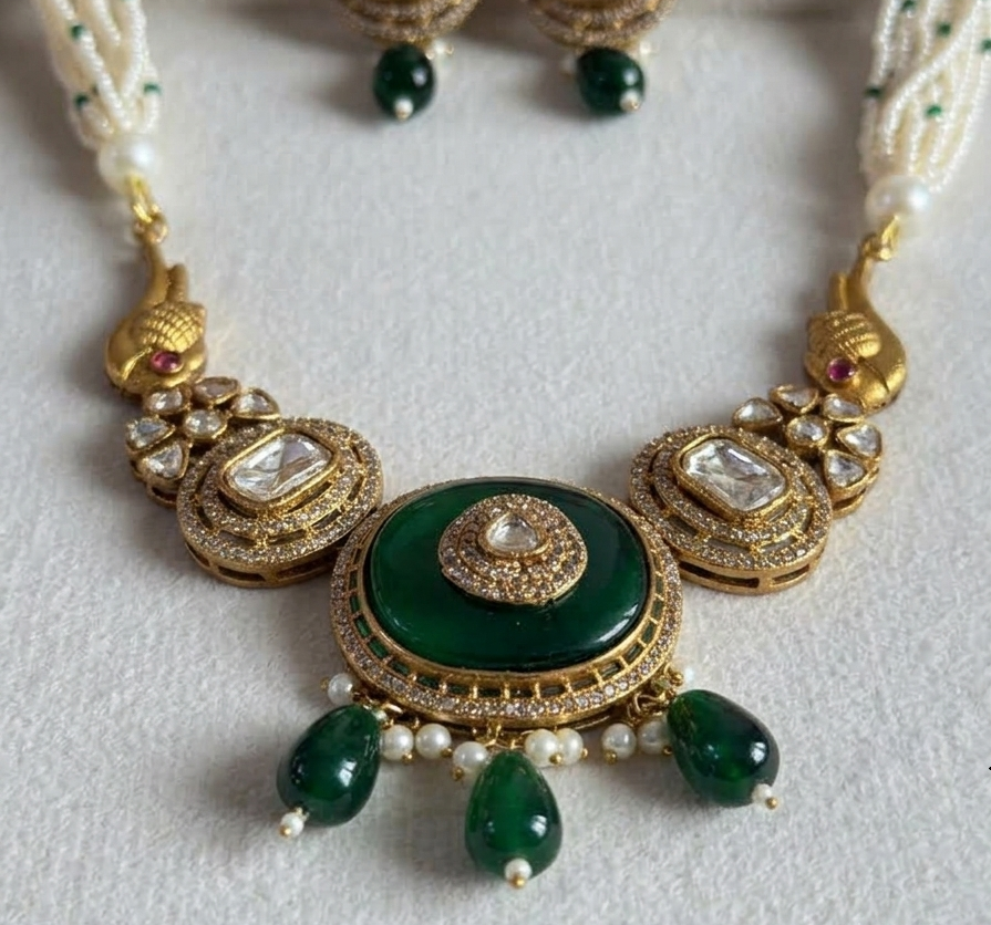 Royal Kundan & Pearl Motif Necklace Set with Drop Earrings (Available in Red & Green)