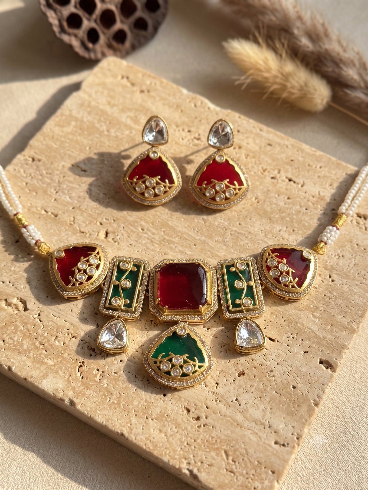 Regal Red & Green Kundan Stone Choker Set with Matching Earrings