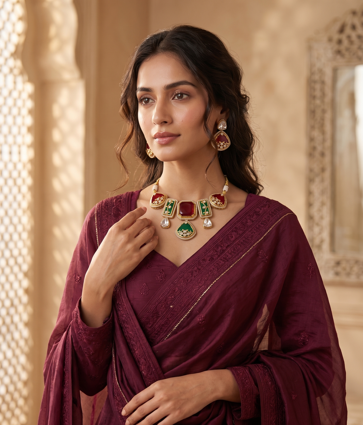 Regal Red & Green Kundan Stone Choker Set with Matching Earrings